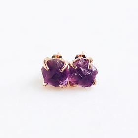 Raw Amethyst Stud Earrings in Rose Gold - Crystal Of A Kind