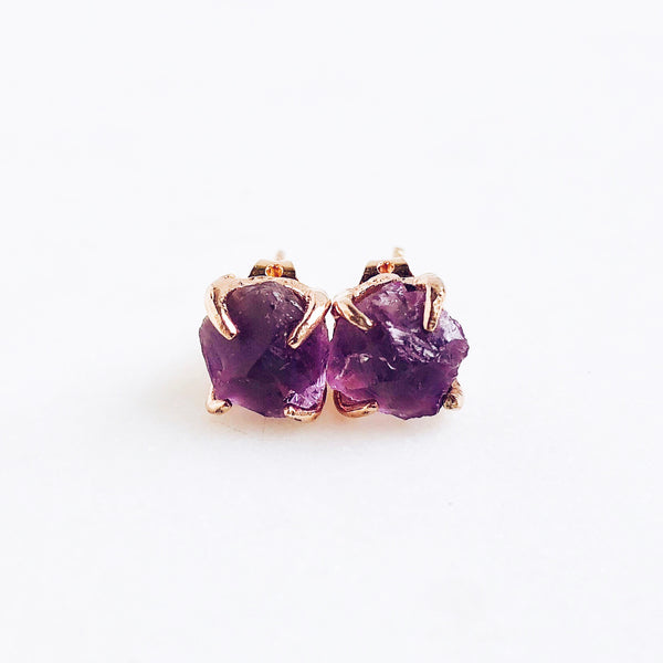 Raw Amethyst Stud Earrings in Rose Gold - Crystal Of A Kind
