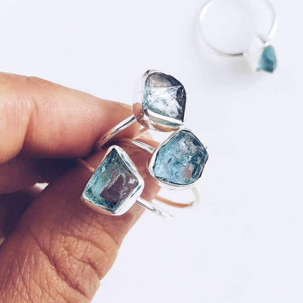 Raw Aquamarine Rings in 925 Sterling Silver - Crystal Of A Kind