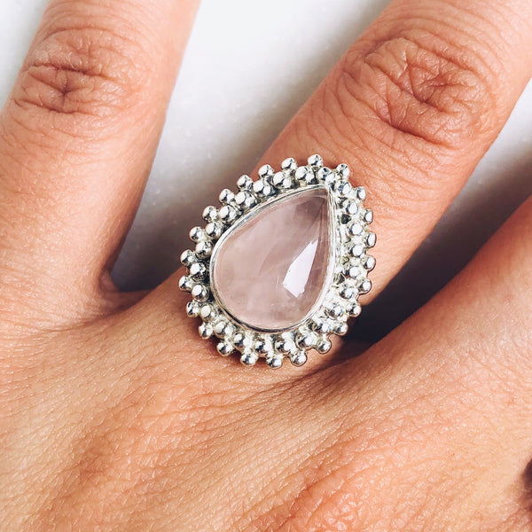 Rose Quartz Solaris Teardrop Ring in 925 Sterling Silver - Crystal Of A Kind