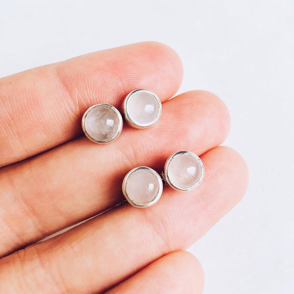 Rose Quartz Round Stud Earrings in 925 Sterling Silver - Crystal Of A Kind