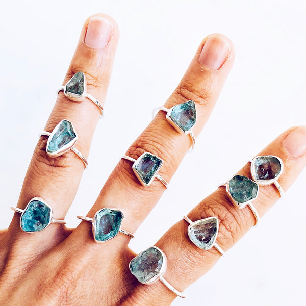 Raw Aquamarine Rings in 925 Sterling Silver - Crystal Of A Kind