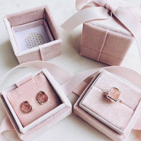 Rose Quartz Earrings And Ring In A Pink Velvet Gift Box
