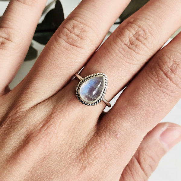 Moonstone Teardrop Ring in 925 Sterling Silver - Crystal Of A Kind
