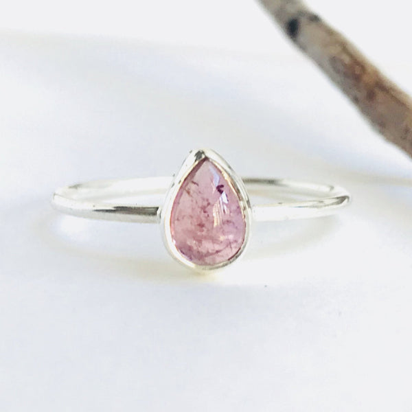 Pink Tourmaline Teardrop Ring in 925 Sterling Silver - Crystal Of A Kind