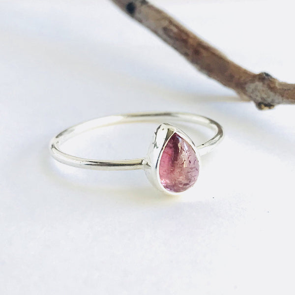 Pink Tourmaline Teardrop Ring in 925 Sterling Silver - Crystal Of A Kind