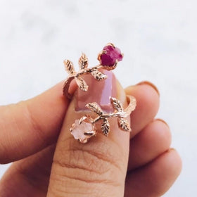 Raw Ruby & Rose Quartz Twisted Leaves Ring in Rose Gold - Crystal Of A Kind