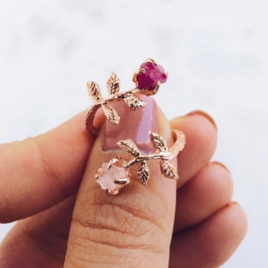 Raw Ruby & Rose Quartz Twisted Leaves Ring in Rose Gold - Crystal Of A Kind