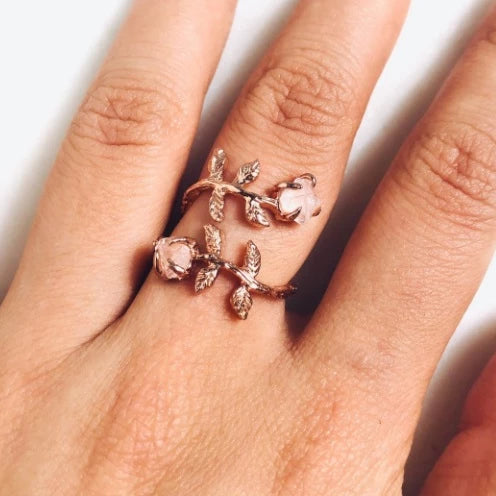 Raw Rose Quartz Twisted Leaves Ring in Rose Gold - Crystal Of A Kind