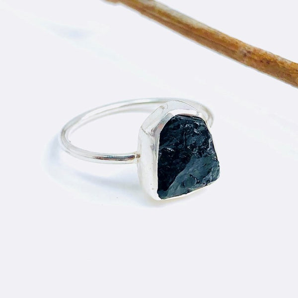 Raw Black Tourmaline Gemstone Ring in 925 Sterling Silver - Crystal Of A Kind