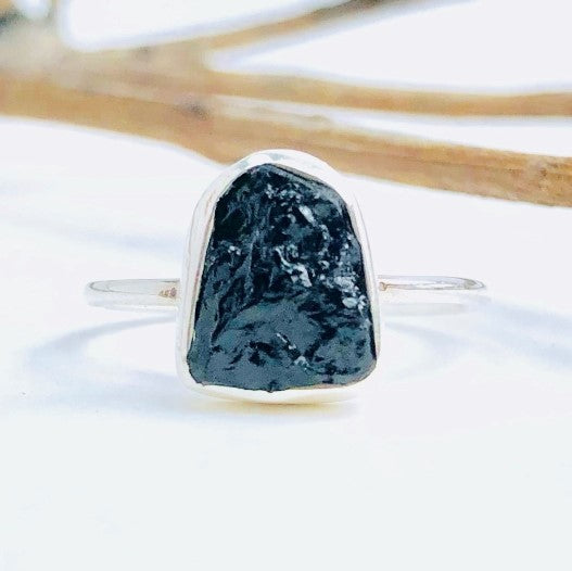 Raw Black Tourmaline Gemstone Ring in 925 Sterling Silver - Crystal Of A Kind