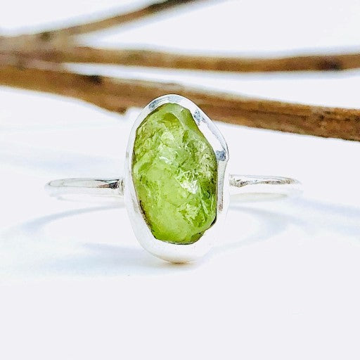 Raw Peridot Gemstone Ring in 925 Sterling Silver - Crystal Of A Kind