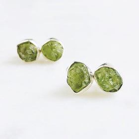 Raw Peridot Stud Earrings in 925 Sterling Silver - Crystal Of A Kind