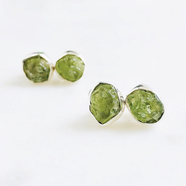 Raw Peridot Stud Earrings in 925 Sterling Silver - Crystal Of A Kind