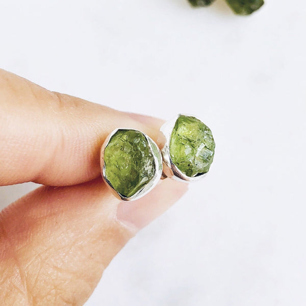 Raw Peridot Stud Earrings in 925 Sterling Silver - Crystal Of A Kind