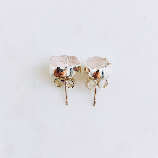 Raw Rose Quartz Stud Earrings in 925 Sterling Silver - Crystal Of A Kind