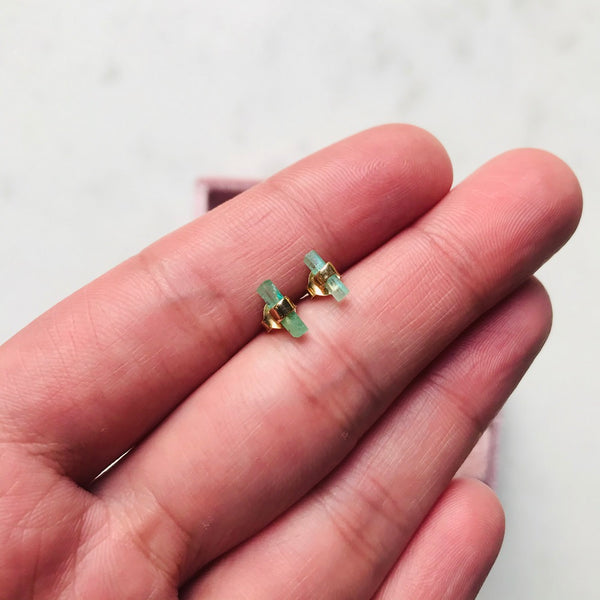 Raw Emerald Crystal Stud Earrings in Rose Gold - Crystal Of A Kind