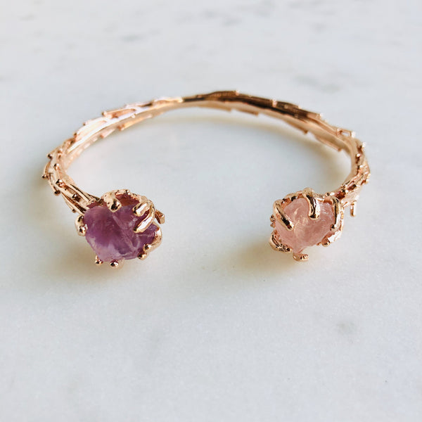 Raw Rose Quartz & Amethyst Coral Reef Bangle in Rose Gold - Crystal Of A Kind