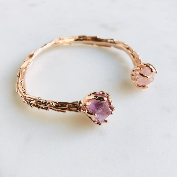 Raw Rose Quartz & Amethyst Coral Reef Bangle in Rose Gold - Crystal Of A Kind