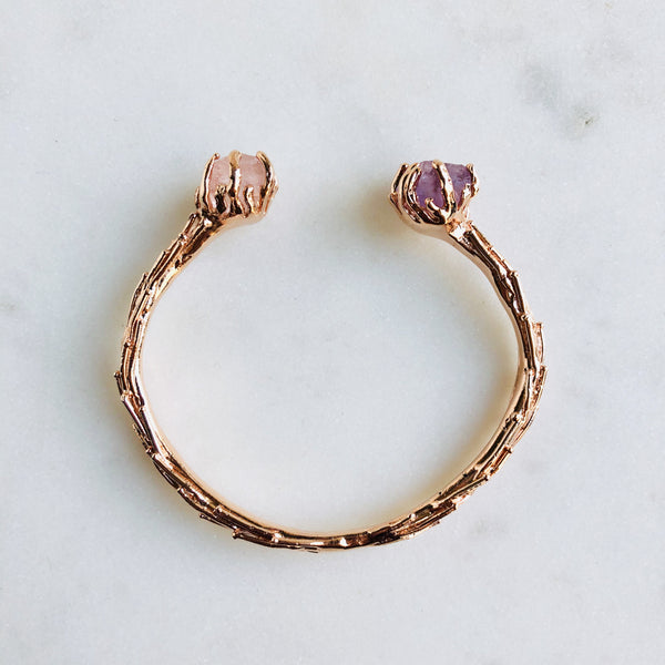 Raw Rose Quartz & Amethyst Coral Reef Bangle in Rose Gold - Crystal Of A Kind