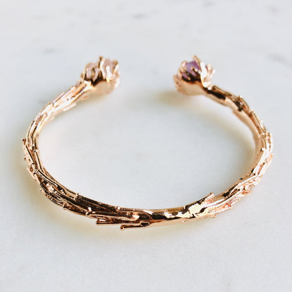 Raw Rose Quartz & Amethyst Coral Reef Bangle in Rose Gold - Crystal Of A Kind