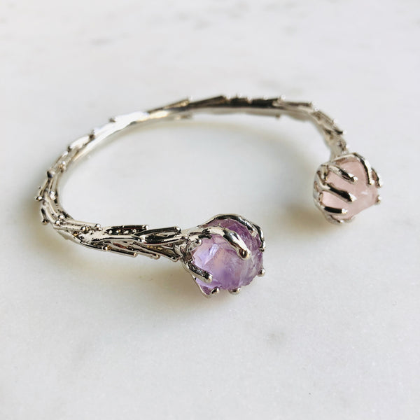 Raw Rose Quartz & Amethyst Coral Reef Bangle in Silver - Crystal Of A Kind