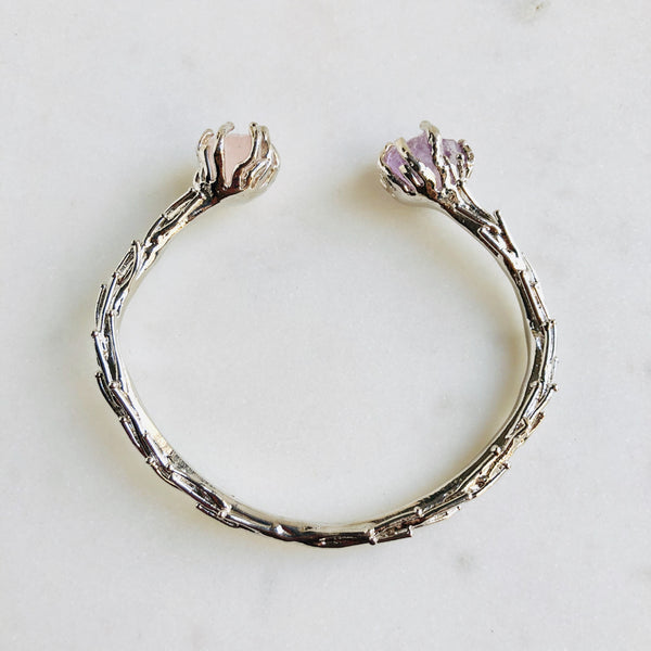Raw Rose Quartz & Amethyst Coral Reef Bangle in Silver - Crystal Of A Kind
