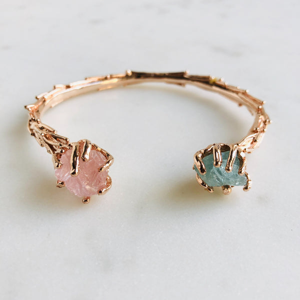 Raw Rose Quartz & Aquamarine Coral Reef Bangle in Rose Gold - Crystal Of A Kind