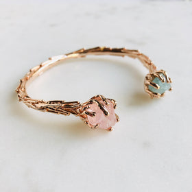 Raw Rose Quartz & Aquamarine Coral Reef Bangle in Rose Gold - Crystal Of A Kind