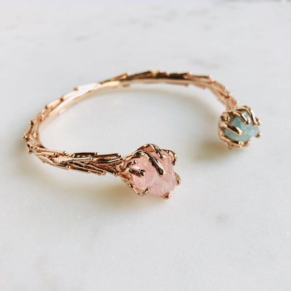 Raw Rose Quartz & Aquamarine Coral Reef Bangle in Rose Gold - Crystal Of A Kind