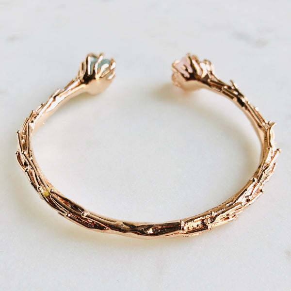 Raw Rose Quartz & Aquamarine Coral Reef Bangle in Rose Gold - Crystal Of A Kind