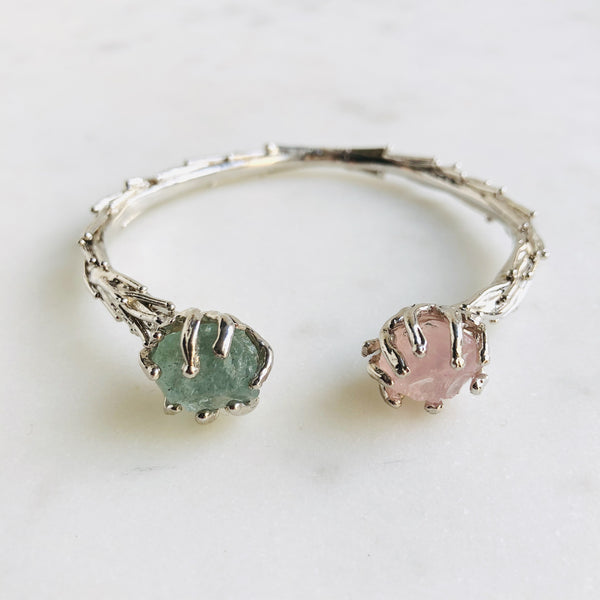 Raw Rose Quartz & Aquamarine Coral Reef Bangle in Silver - Crystal Of A Kind