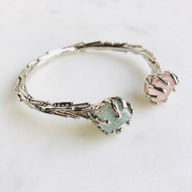 Raw Rose Quartz & Aquamarine Coral Reef Bangle in Silver - Crystal Of A Kind