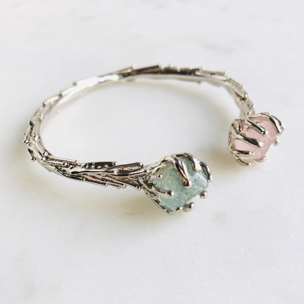 Raw Rose Quartz & Aquamarine Coral Reef Bangle in Silver - Crystal Of A Kind