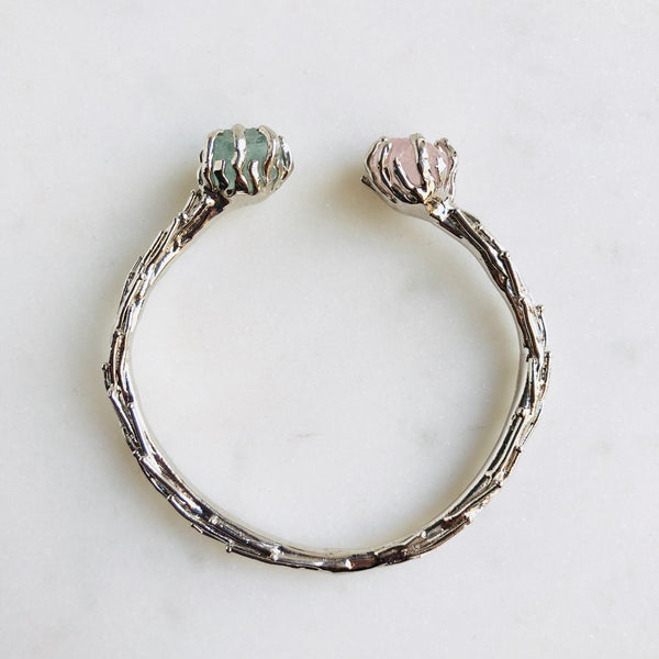 Raw Rose Quartz & Aquamarine Coral Reef Bangle in Silver - Crystal Of A Kind