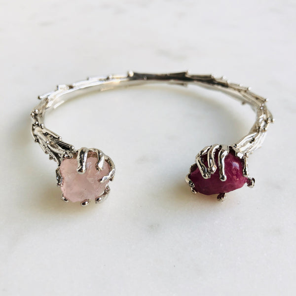Raw Ruby & Rose Quartz Coral Reef Bangle in Silver - Crystal Of A Kind