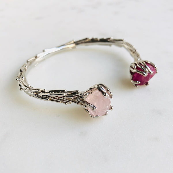 Raw Ruby & Rose Quartz Coral Reef Bangle in Silver - Crystal Of A Kind