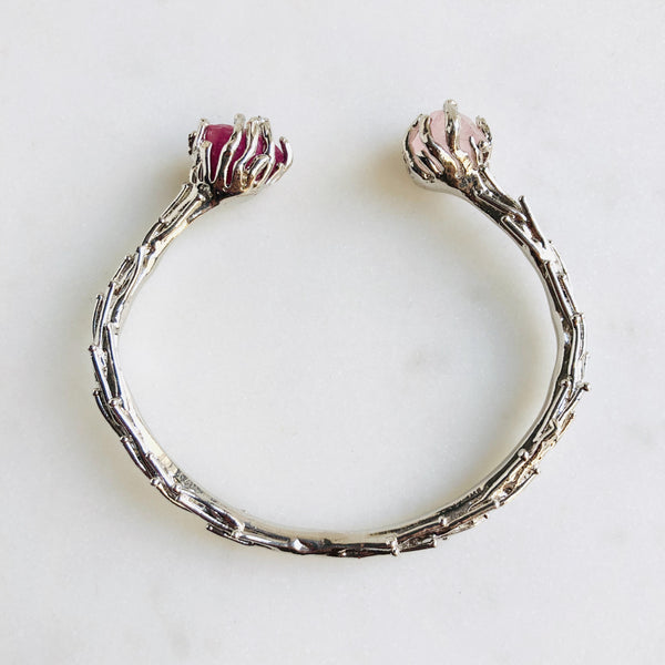 Raw Ruby & Rose Quartz Coral Reef Bangle in Silver - Crystal Of A Kind