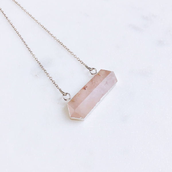 Rose Quartz Hexagonal Necklace in 925 Sterling Silver - Crystal Of A Kind