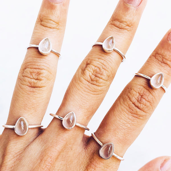 Rose Quartz Teardrop Ring in 925 Sterling Silver - Crystal Of A Kind