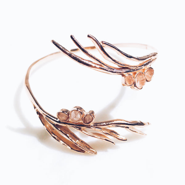 Raw Rose Quartz Tropical Twist Bangle in Rose Gold - Crystal Of A Kind