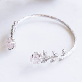 Raw Rose Quartz Leaves Bangle in Silver - Crystal Of A Kind