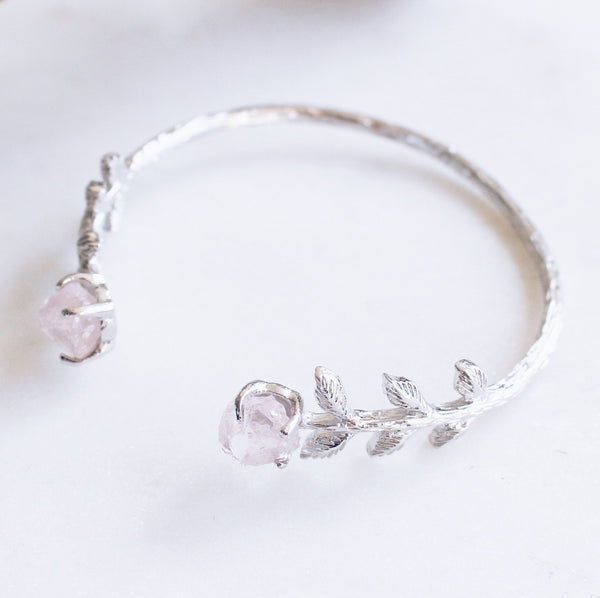 Raw Rose Quartz Leaves Bangle in Silver - Crystal Of A Kind