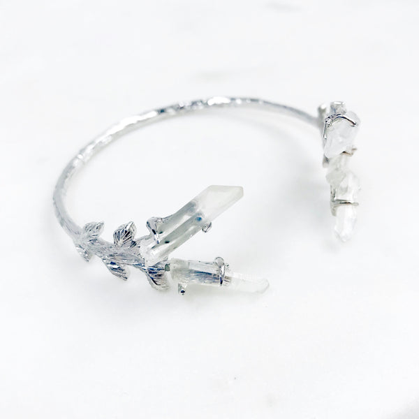 Raw Crystal Quartz Leaves Bangle in Silver - Crystal Of A Kind