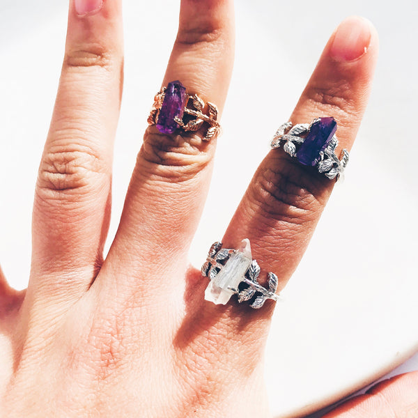 Crystal Quartz Leaves Ring in Silver - Crystal Of A Kind