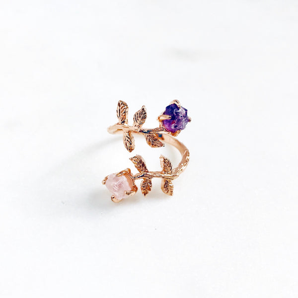 Raw Amethyst & Rose Quartz Twisted Leaves Ring in Rose Gold - Crystal Of A Kind