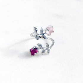 Raw Ruby & Rose Quartz Twisted Leaves Ring in Silver - Crystal Of A Kind