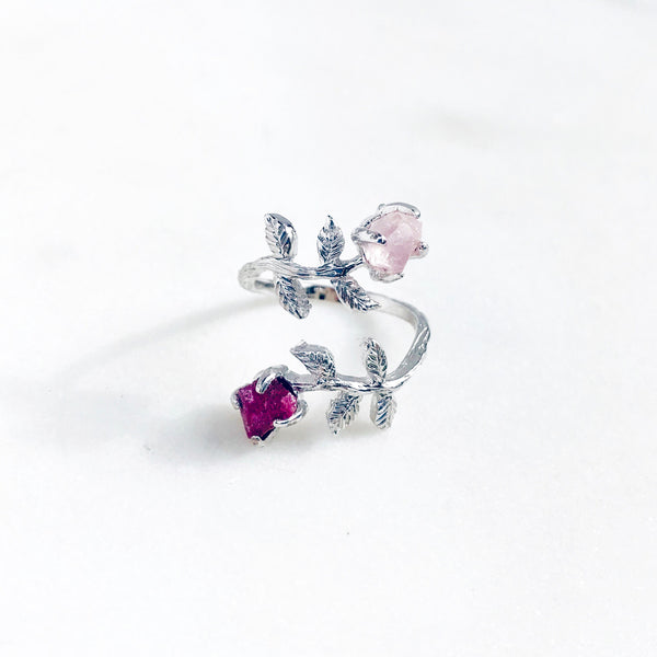 Raw Ruby & Rose Quartz Twisted Leaves Ring in Silver - Crystal Of A Kind