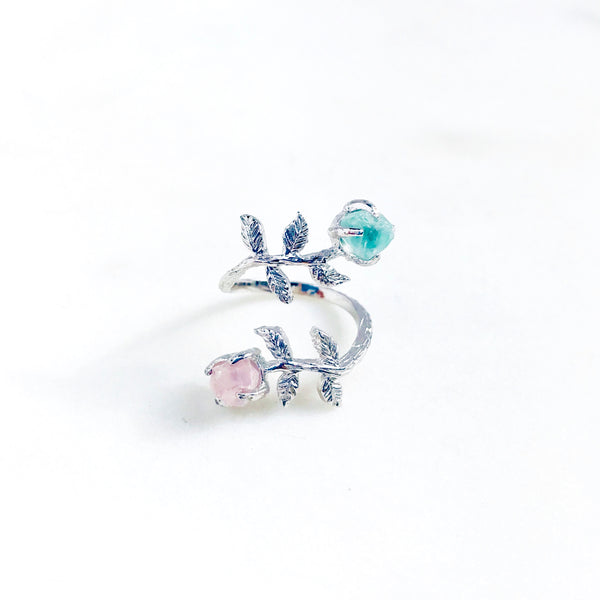 Raw Rose Quartz & Fluorite Leaves Ring in Silver - Crystal Of A Kind