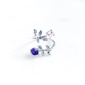 Raw Amethyst & Rose Quartz Twisted Leaves Ring in Silver - Crystal Of A Kind